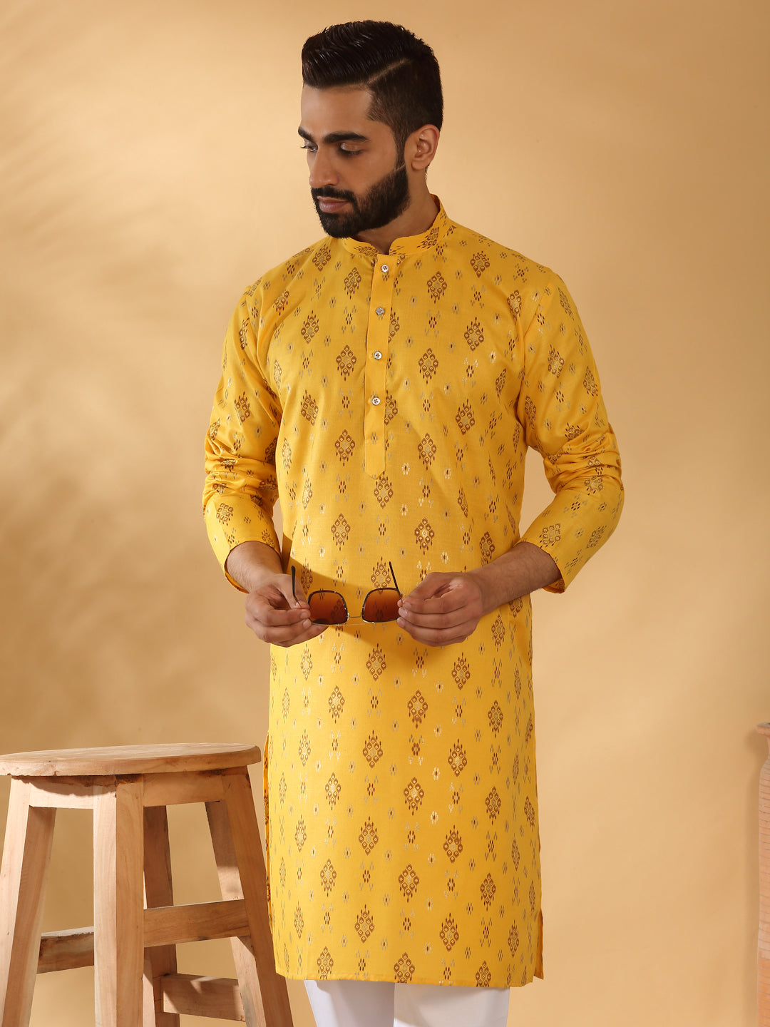Cotton Blend Geometric Printed Straight Long Regular Kurta