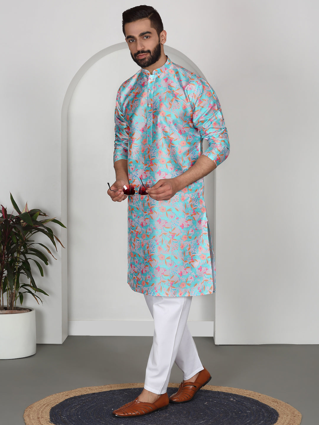Silk Blend Floral Printed Kurta with white Elastic waistband Pyjama set