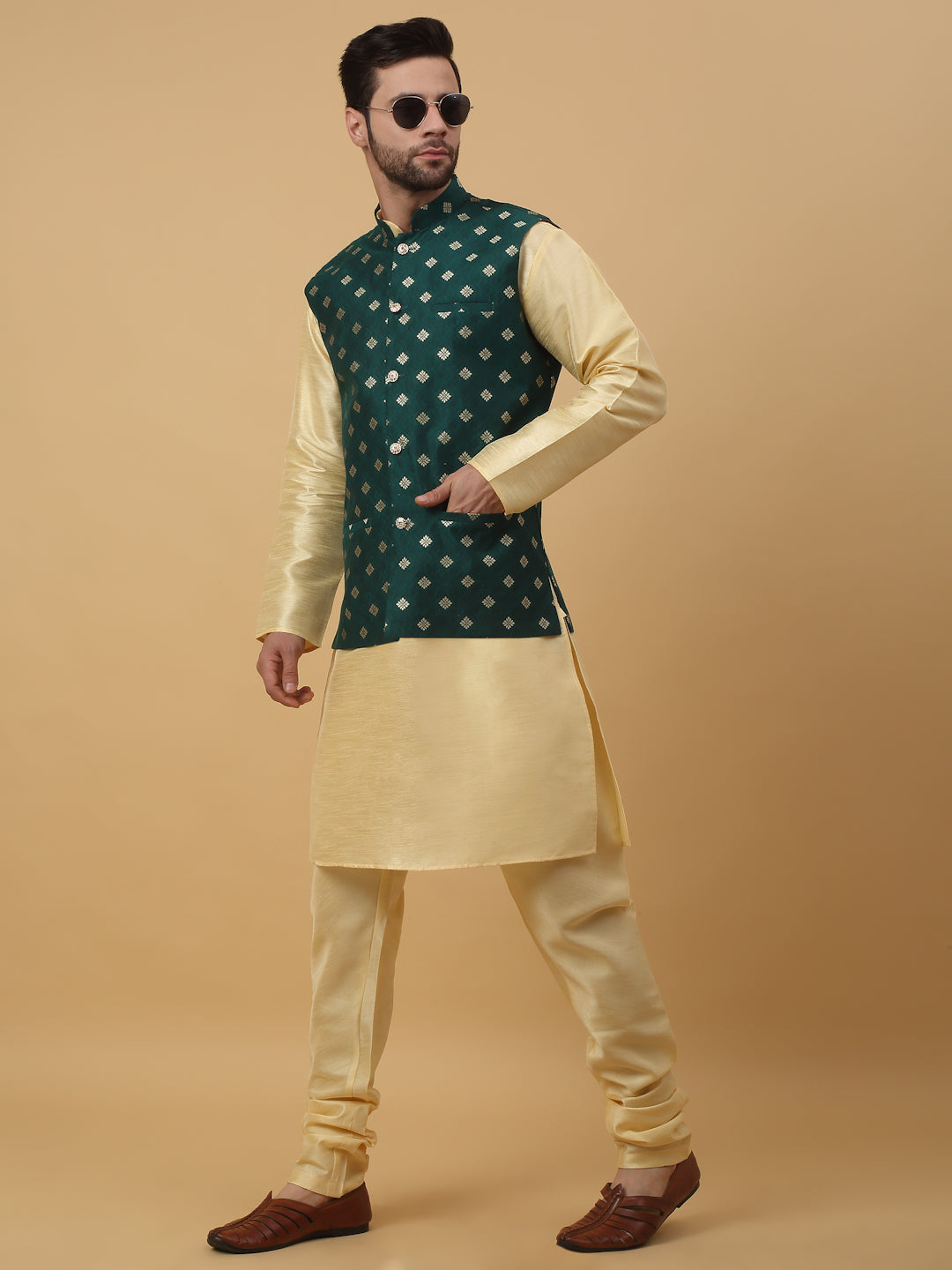 KRAFT INDIA Men's Silk Blend Beige Kurta, Churidar with Jacquard Silk Blend Floral Print Nehru Jacket Set