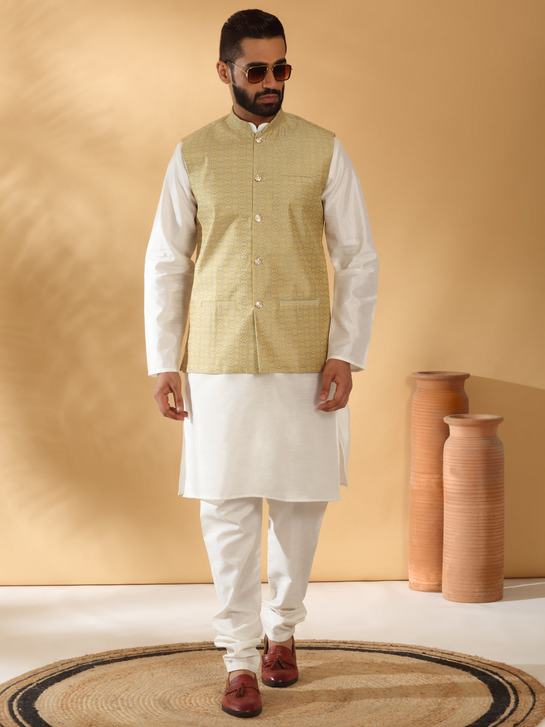 Cream Silk Blend Kurta churidar with Jacquard Geometric Sleeveless Nehru Jacket set