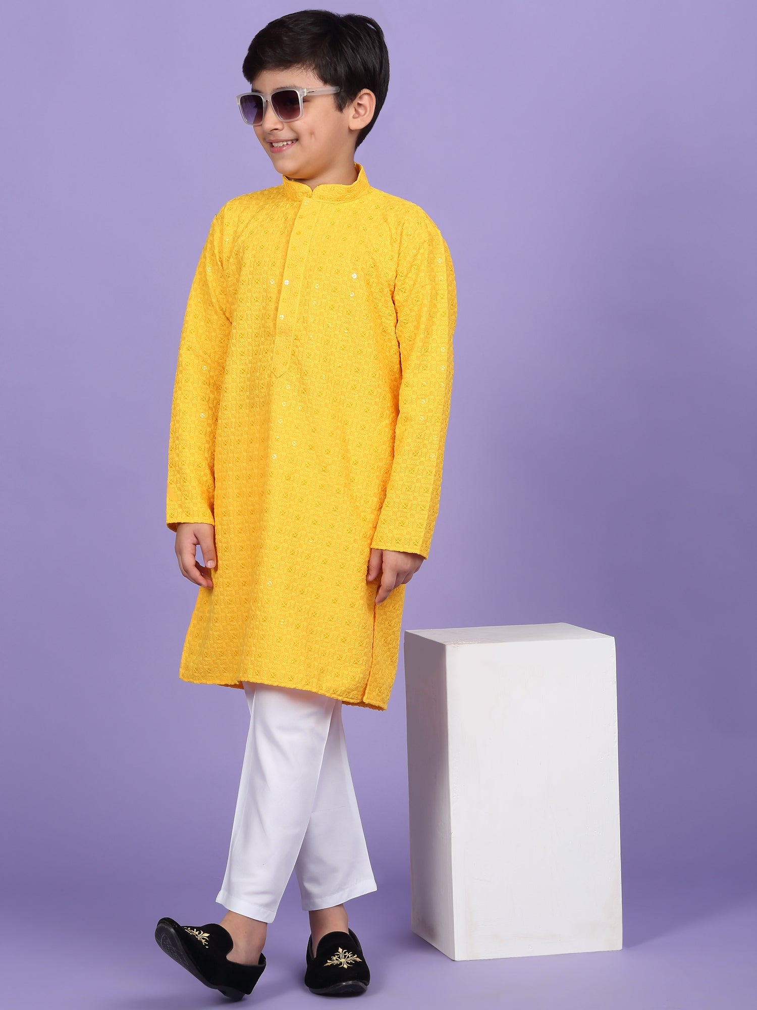 Cotton Blend Chikan Embroidered Sequinced Kurta