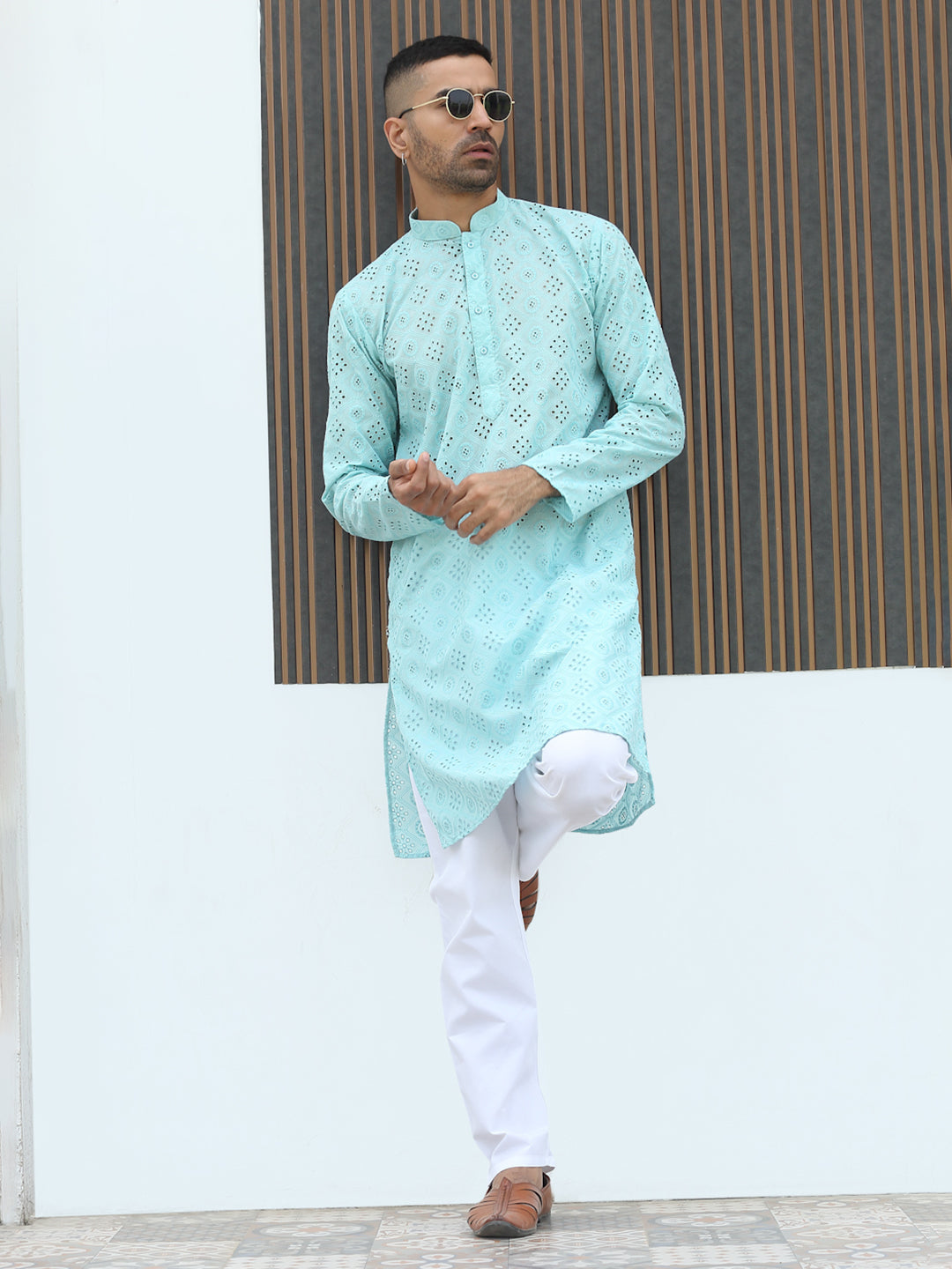 Cotton Blend Chikankari Self Design Embroidered Kurta with elastic Waistband Pyjama set