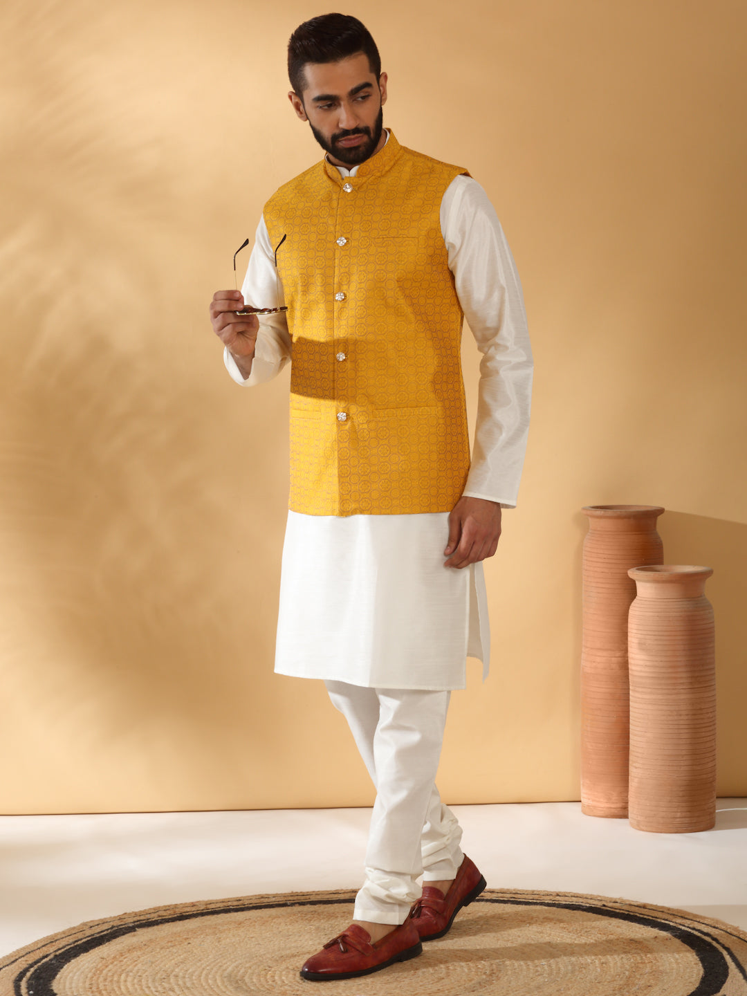 Cream Silk Blend Kurta churidar with Jacquard Geometric Sleeveless Nehru Jacket set