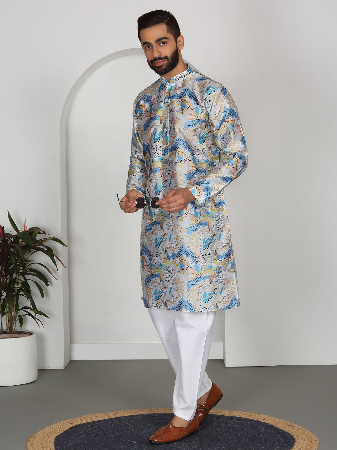 Silk Blend Floral Printed Kurta with white Elastic waistband Pyjama set