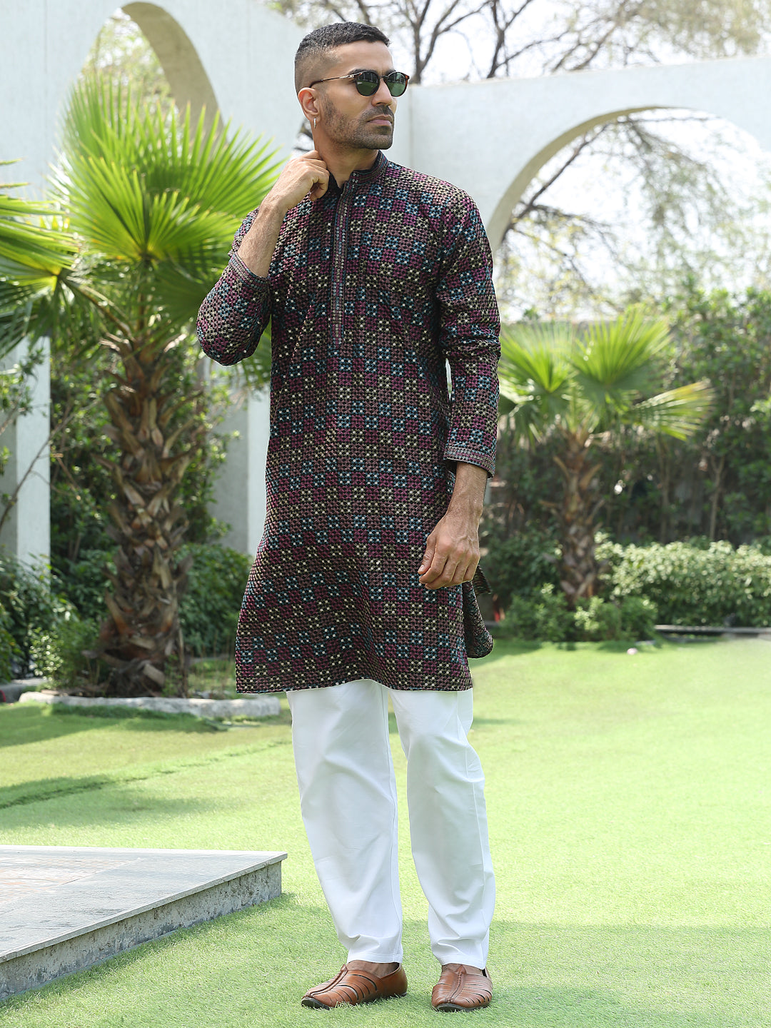 Cotton Rayon Embroidered Mandarin Collar Sequinned Kurta with Elastic Waistband White Pyjama