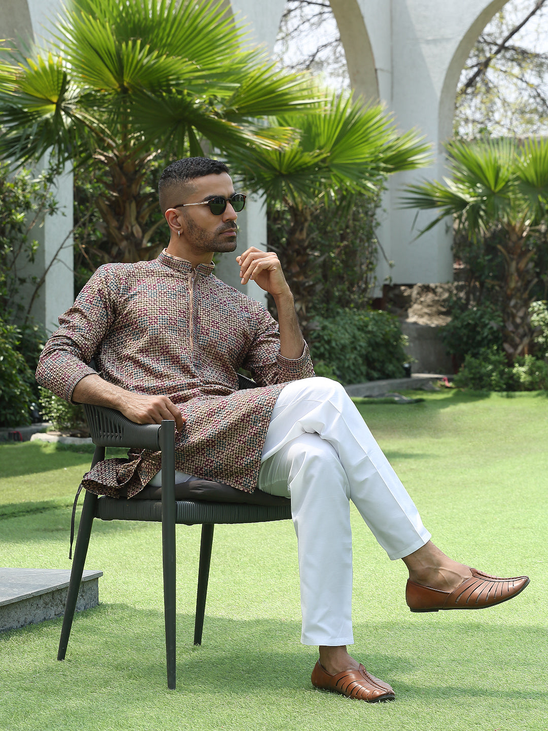 Cotton Rayon Embroidered Mandarin Collar Sequinned Kurta with Elastic Waistband White Pyjama