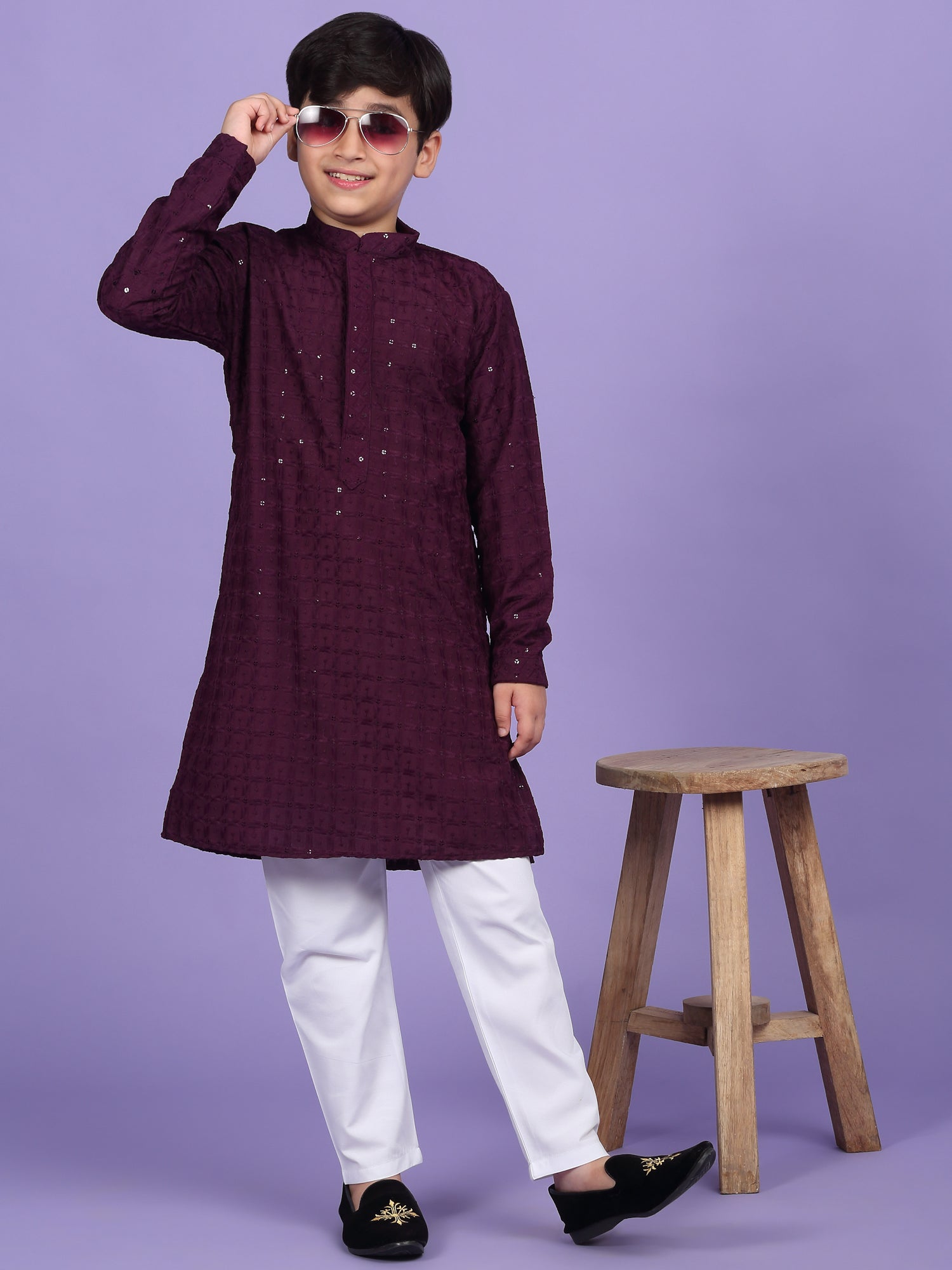 Cotton Blend Chikan Embroidered Sequinced Kurta