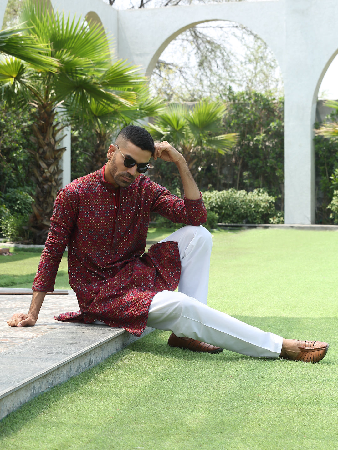 Cotton Rayon Embroidered Mandarin Collar Sequinned Kurta with Elastic Waistband White Pyjama