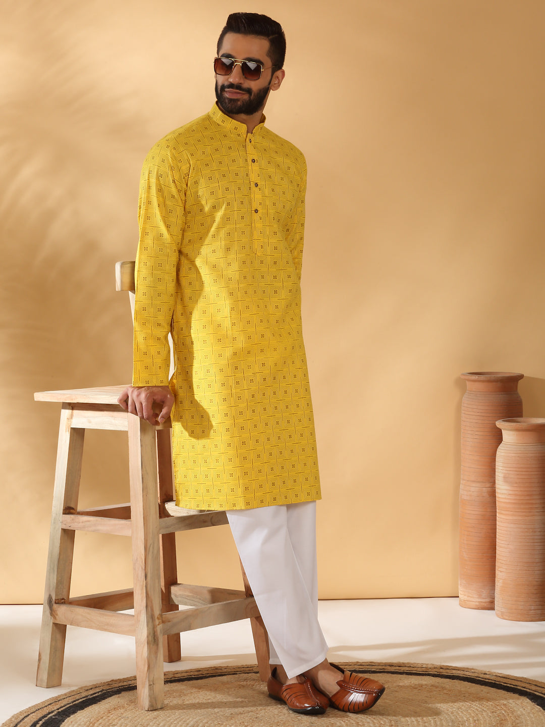 Floral Printed Geometric Cotton Blend Straight Kurta With White Elastic Waistband Pyjama Set