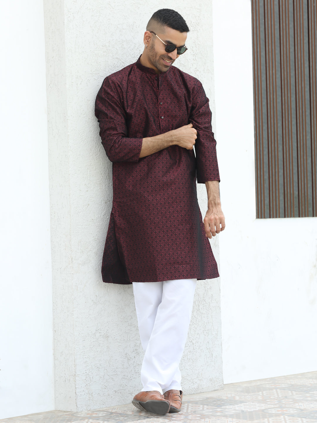 Silk Jacquard Self Design Kurta with elastic Waistband Pyjama set