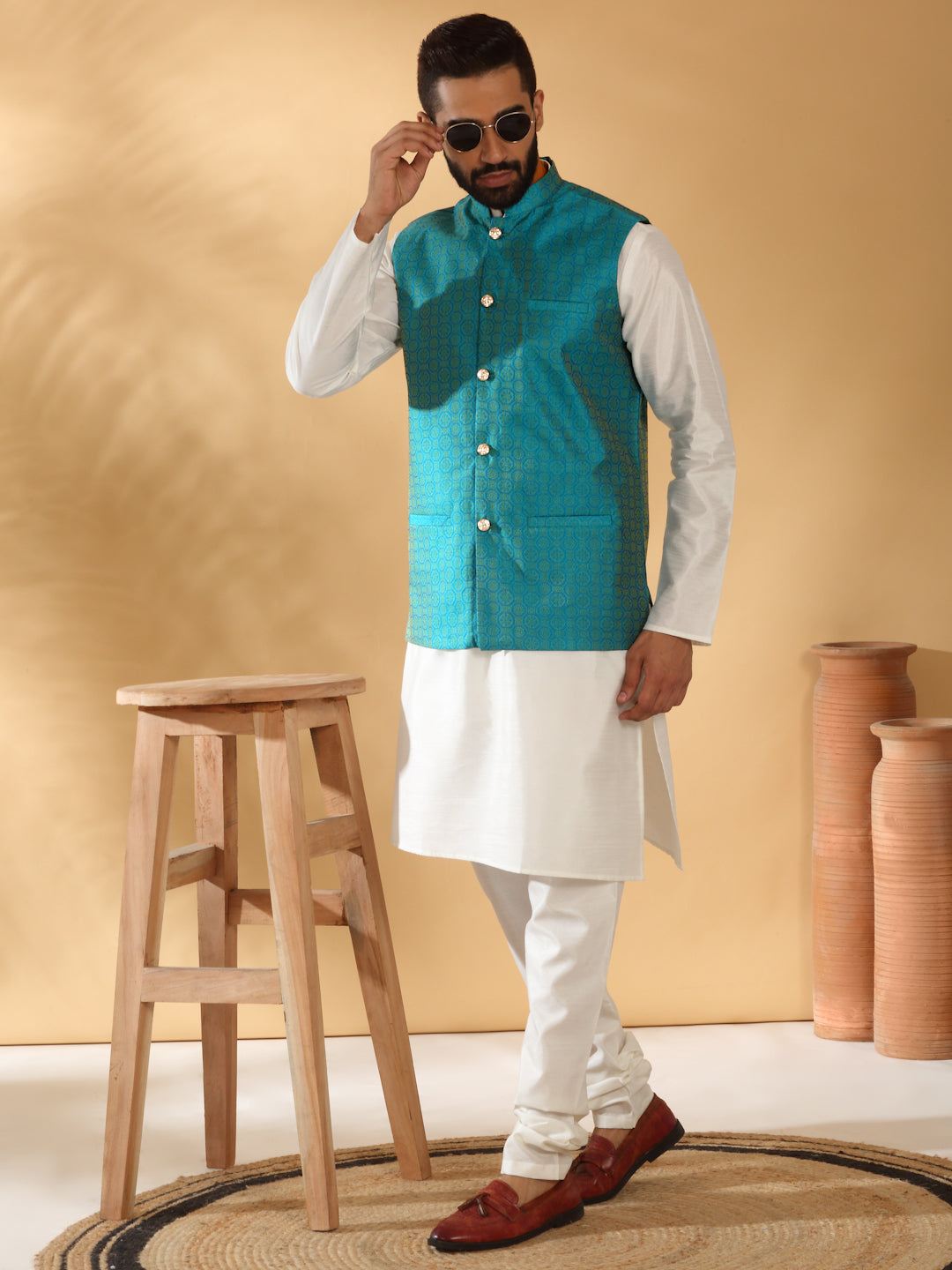 Cream Silk Blend Kurta churidar with Jacquard Geometric Sleeveless Nehru Jacket set