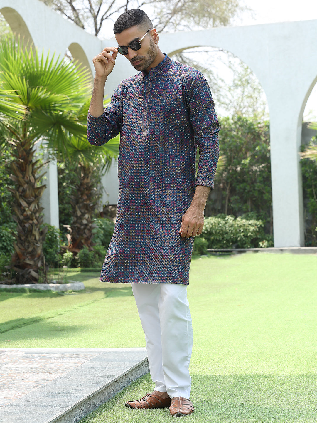 Cotton Rayon Embroidered Mandarin Collar Sequinned Kurta with Elastic Waistband White Pyjama