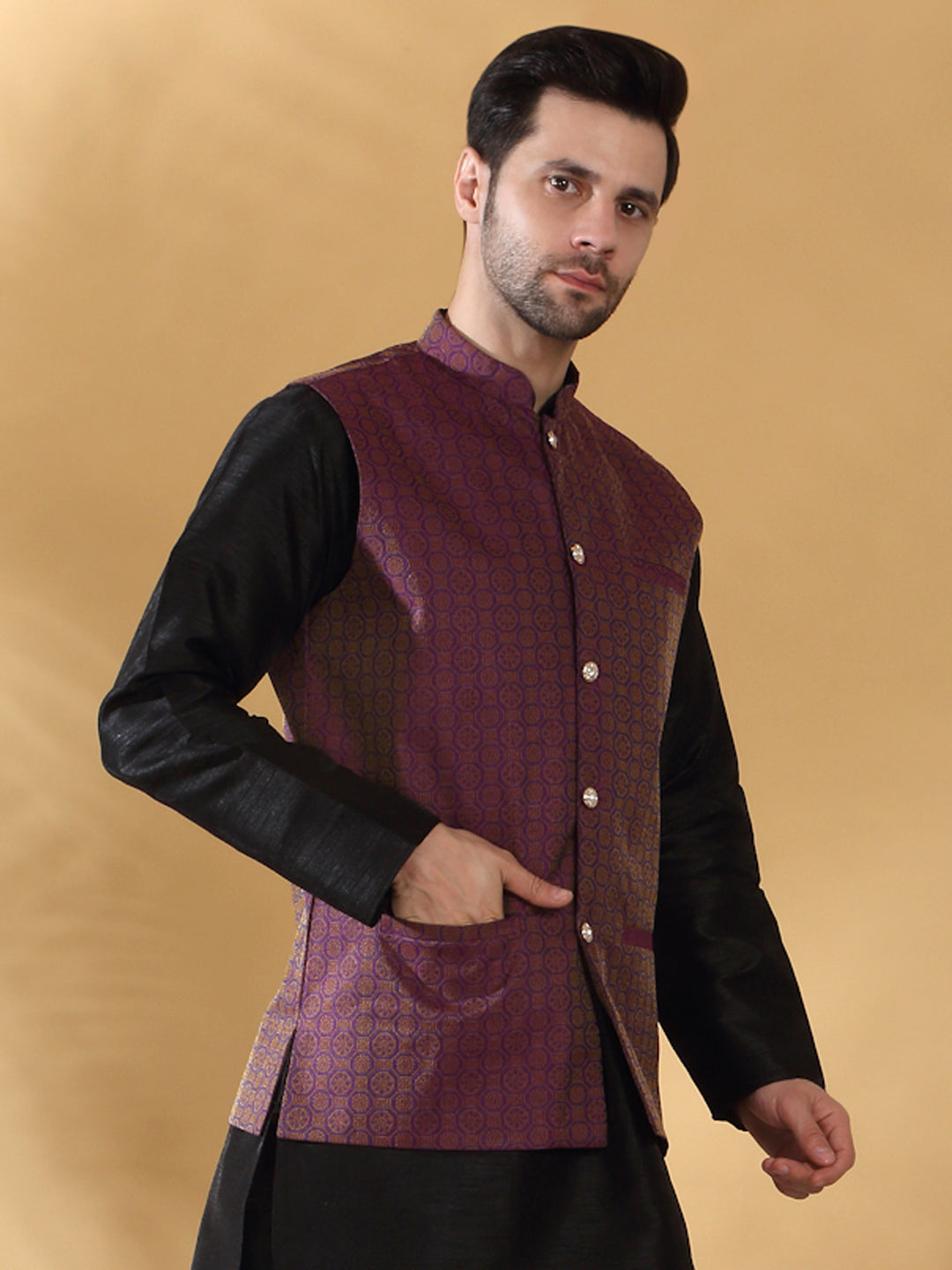 Silk Blend Jacquard Woven Geometric Sleeveless Nehru Jacket