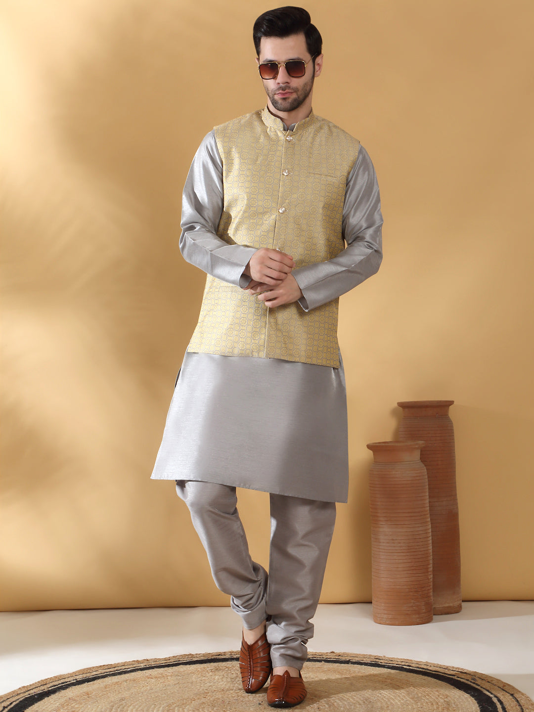 Grey Silk Blend Kurta churidar with Jacquard Geometric Sleeveless Nehru Jacket set