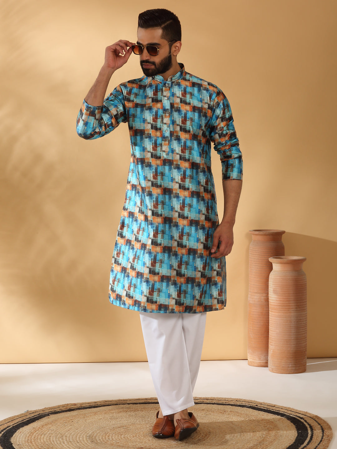 Silk Blend Abstract Printed Kurta with white Elastic waistband Pyjama set