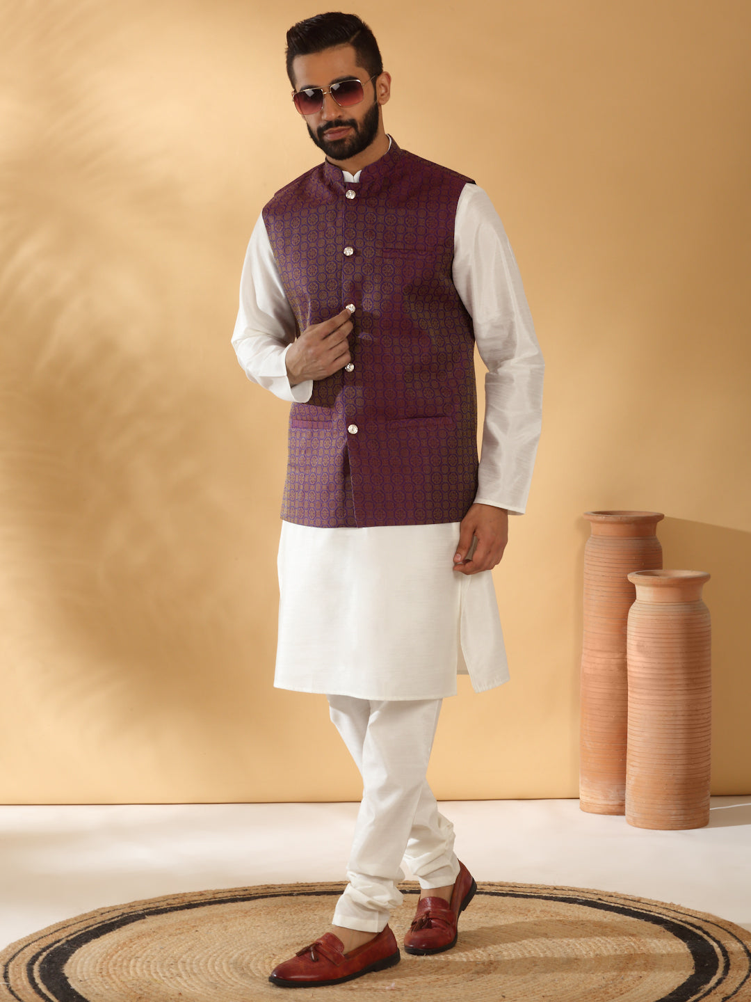Cream Silk Blend Kurta churidar with Jacquard Geometric Sleeveless Nehru Jacket set