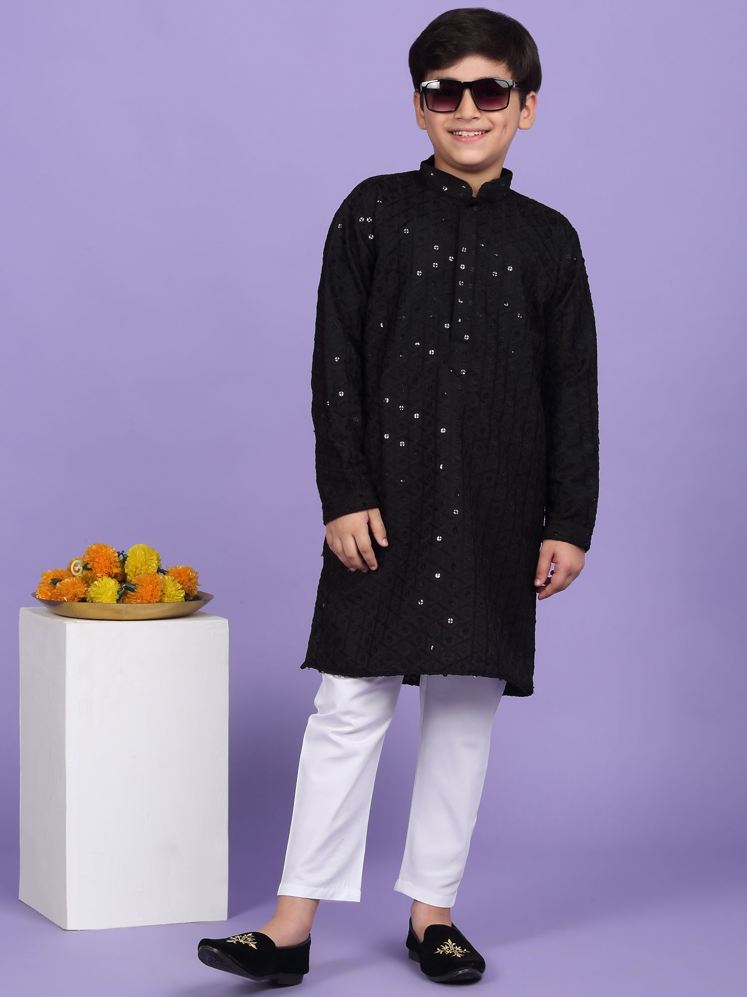 Cotton Blend Chikan Embroidered Sequinced Kurta