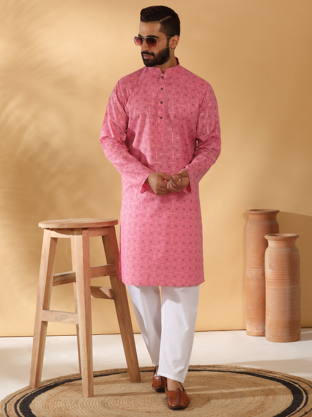 Floral Printed Geometric Cotton Blend Straight Kurta With White Elastic Waistband Pyjama Set