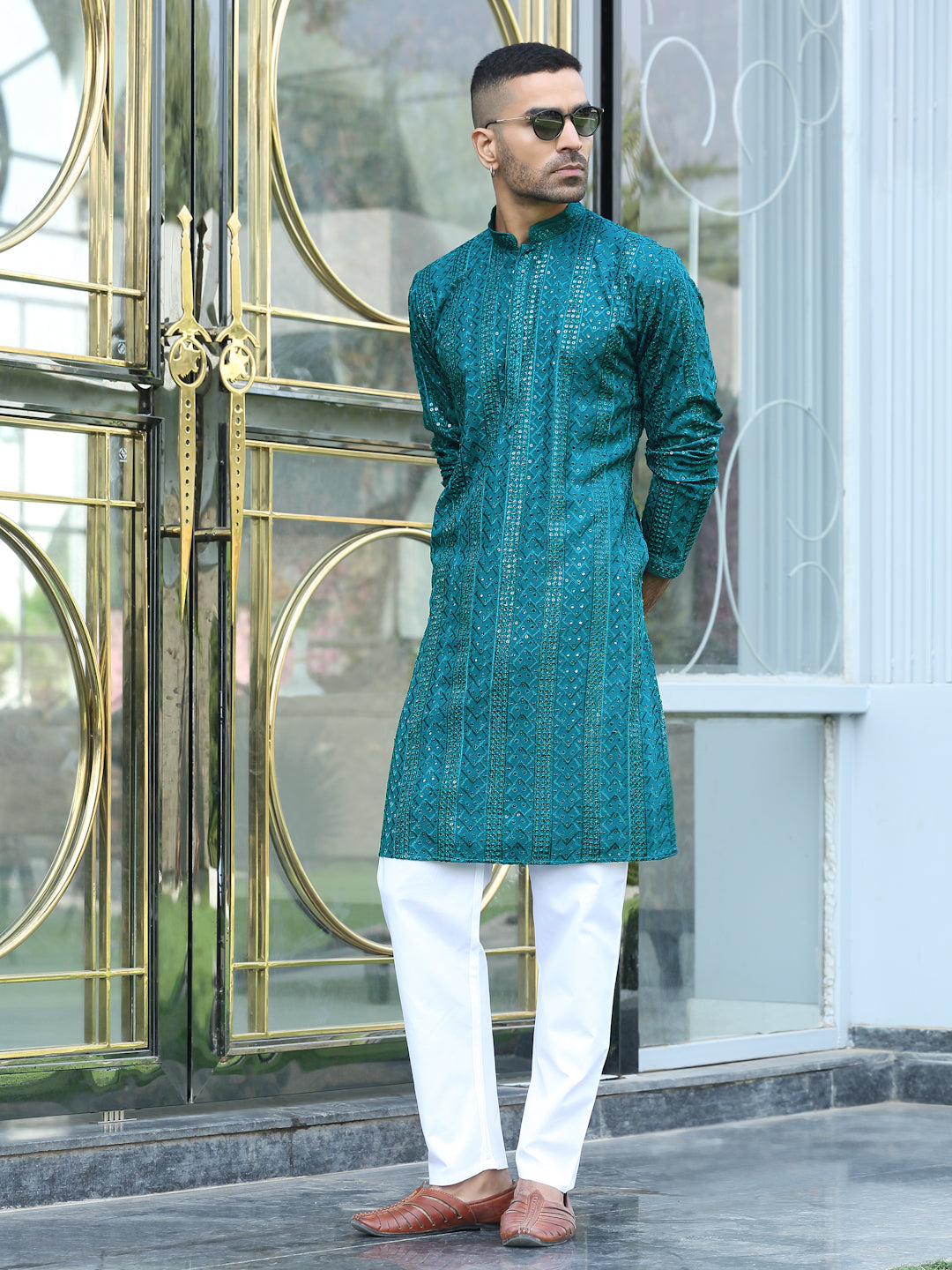 Silk Rayon Ethnic Motifs Embroidered Mandarin Collar Sequinned Kurta with Elastic Waistband White Pyjama