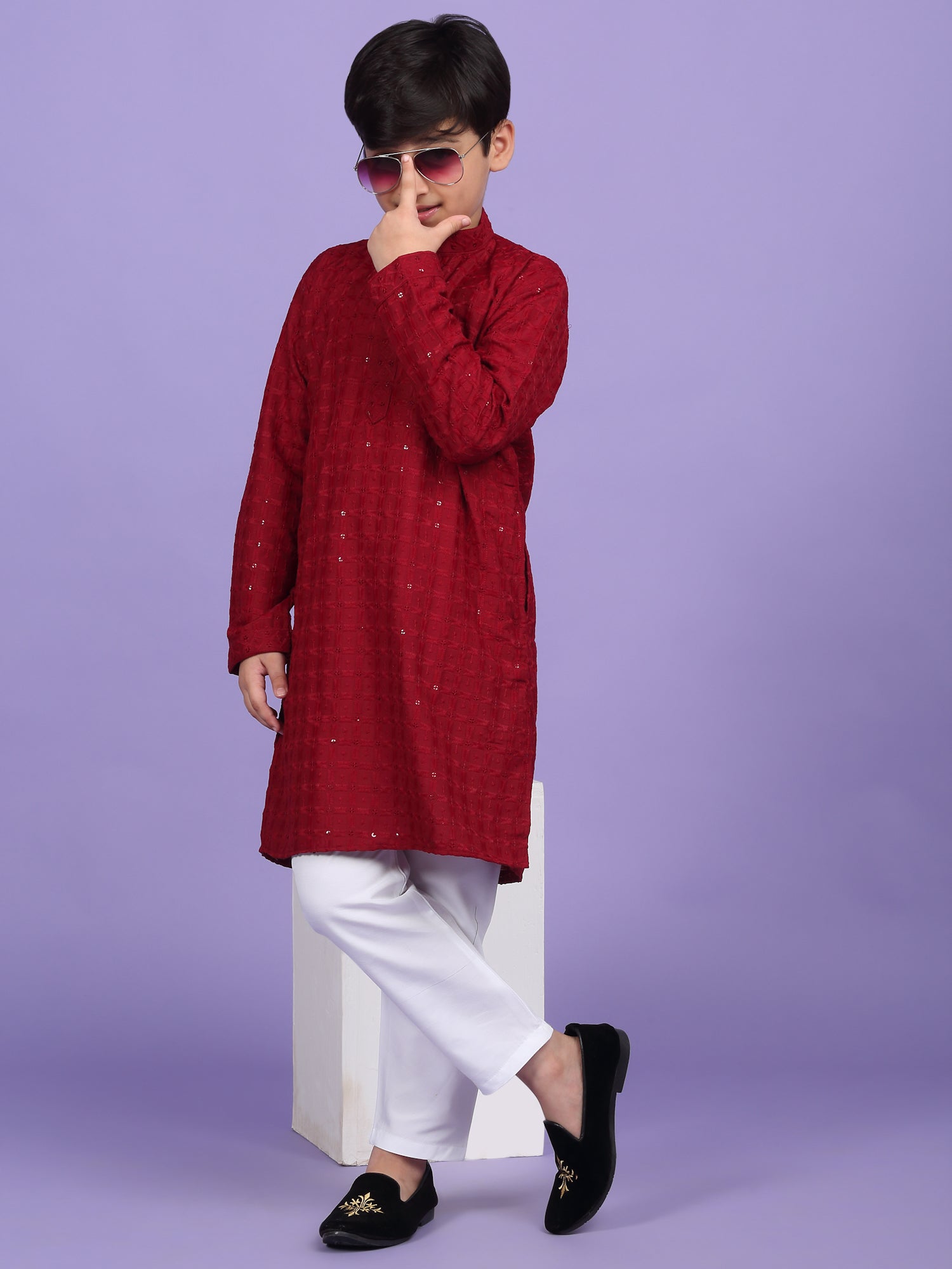 Cotton Blend Chikan Embroidered Sequinced Kurta