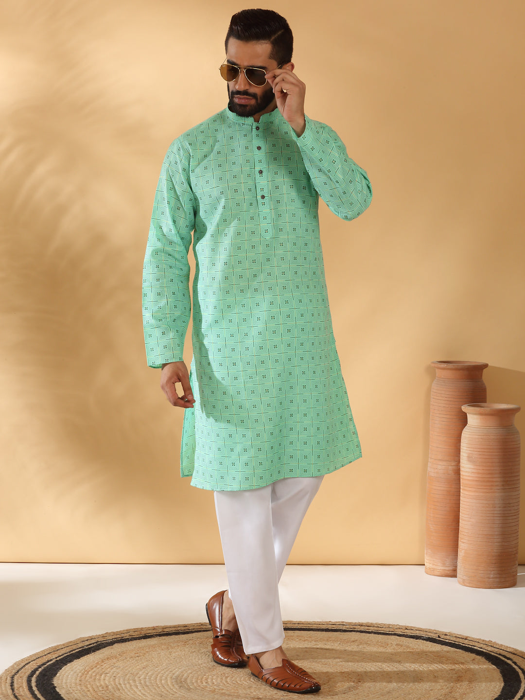 Floral Printed Geometric Cotton Blend Straight Kurta With White Elastic Waistband Pyjama Set