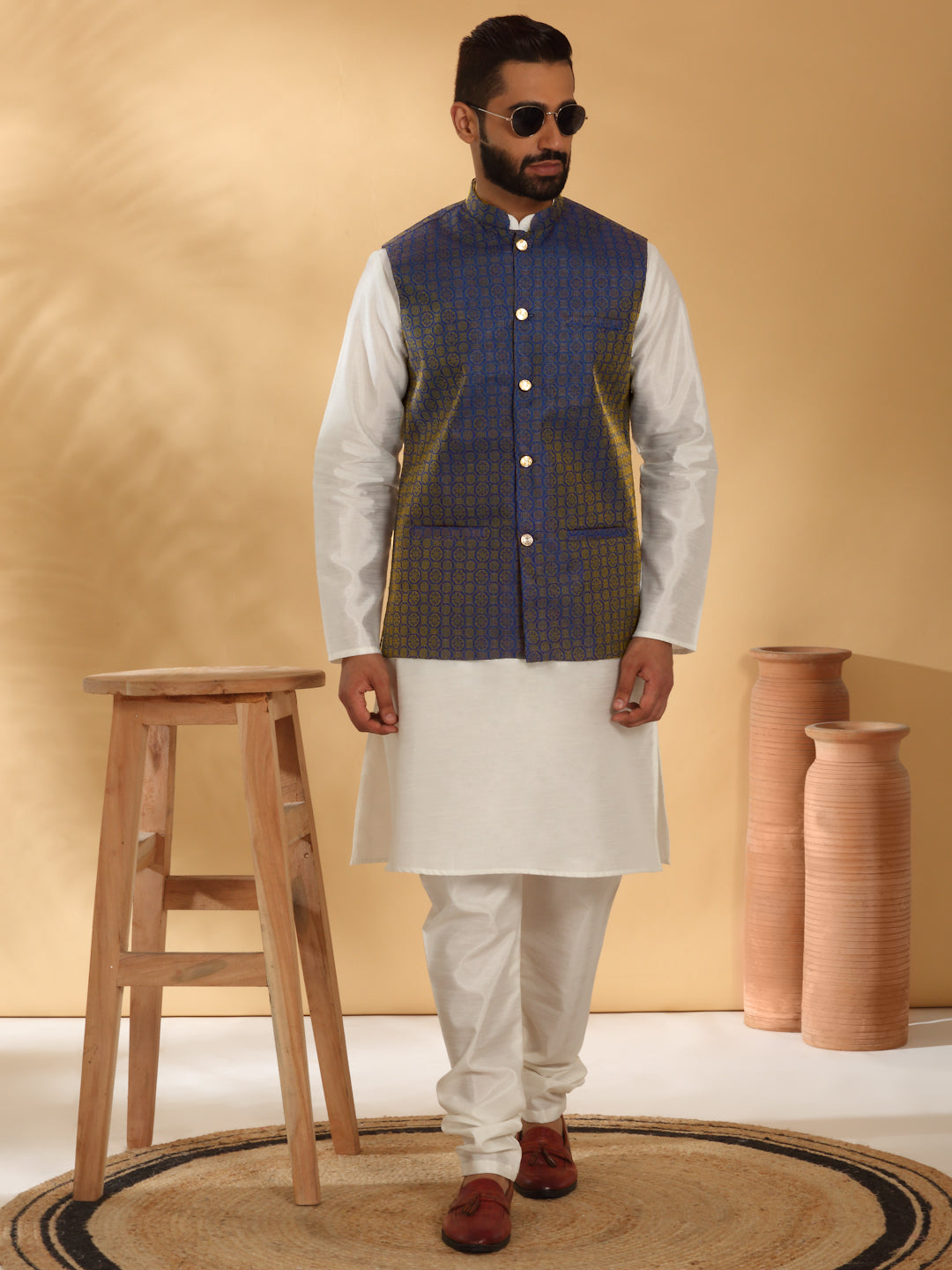 Cream Silk Blend Kurta churidar with Jacquard Geometric Sleeveless Nehru Jacket set