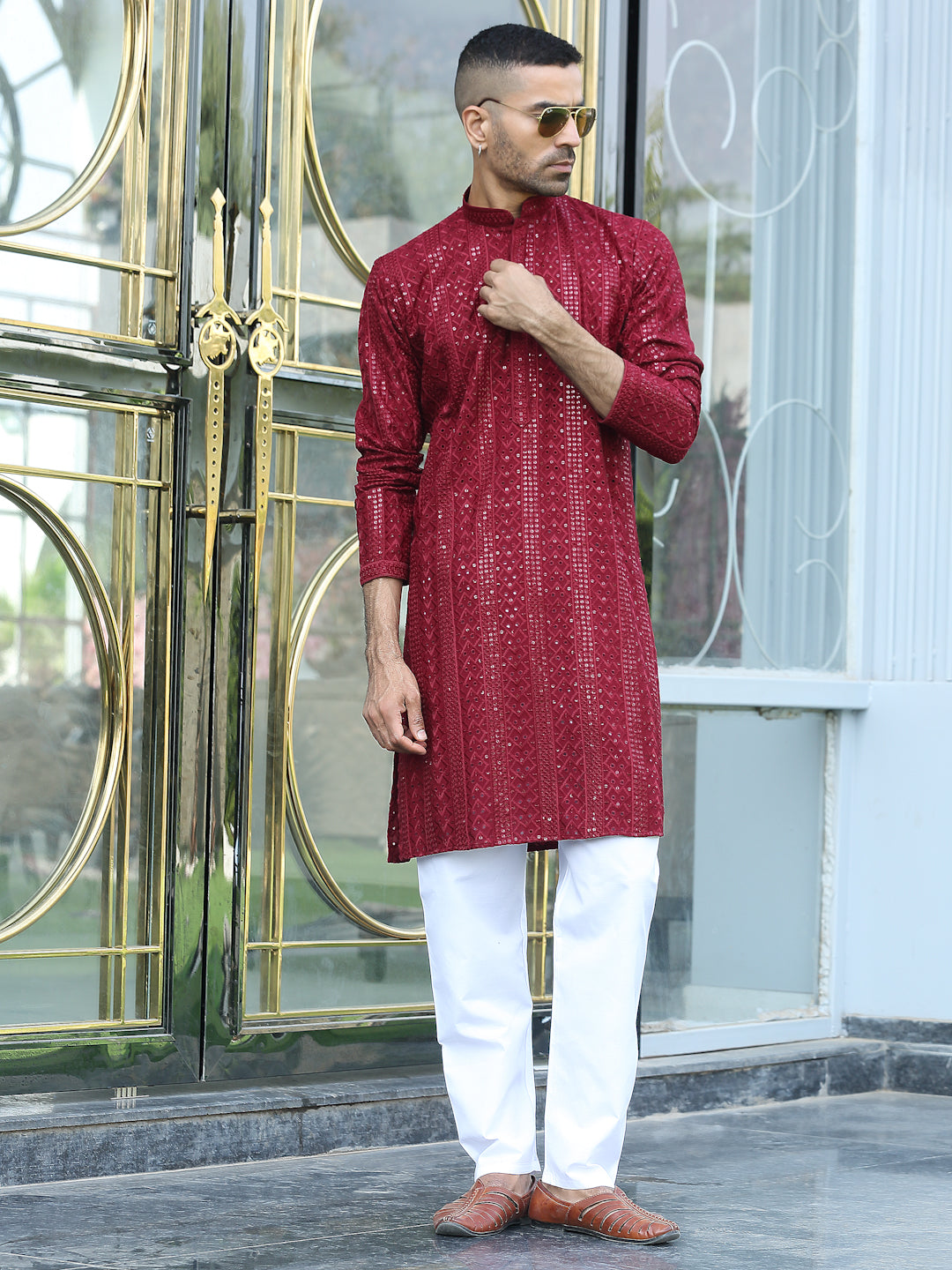 Silk Rayon Ethnic Motifs Embroidered Mandarin Collar Sequinned Kurta with Elastic Waistband White Pyjama