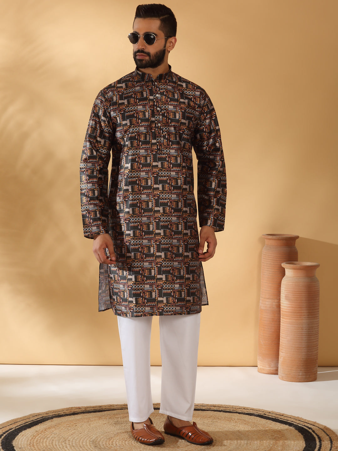 Silk Blend Abstract Printed Kurta with white Elastic waistband Pyjama set