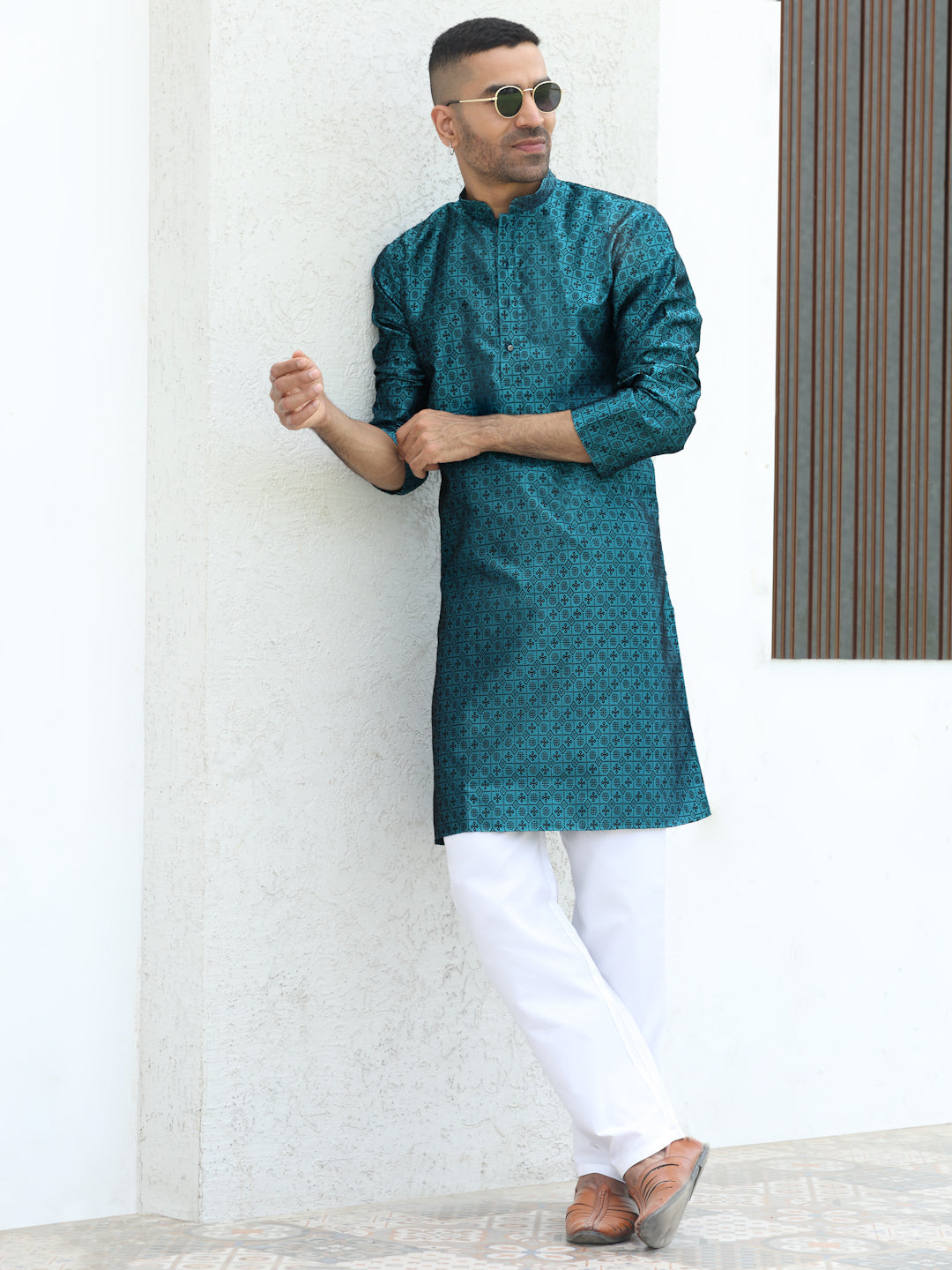 Silk Jacquard Self Design Kurta with elastic Waistband Pyjama set