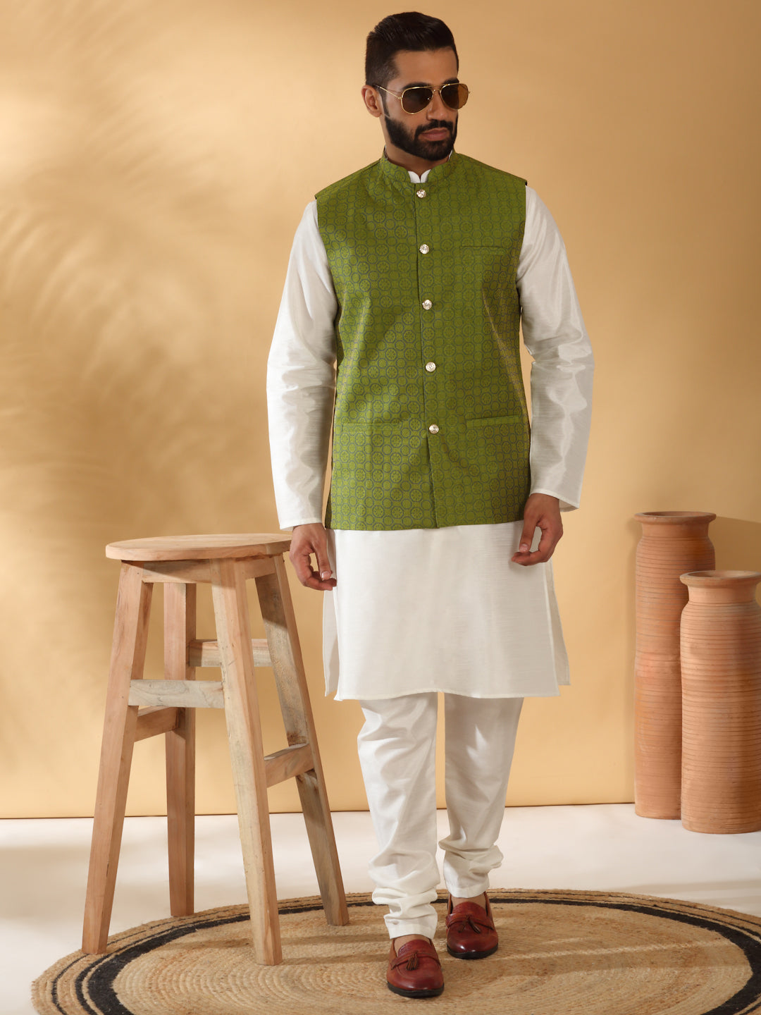 Cream Silk Blend Kurta churidar with Jacquard Geometric Sleeveless Nehru Jacket set