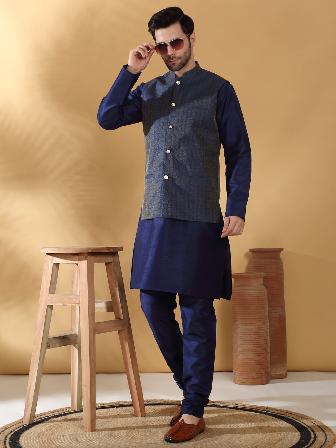 Navy Blue Silk Blend Kurta churidar with Jacquard Geometric Sleeveless Nehru Jacket set