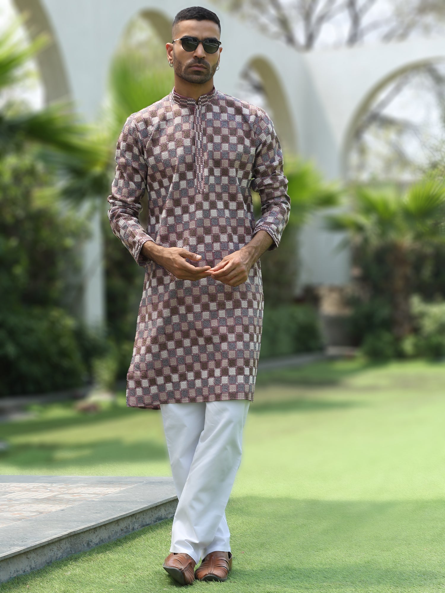 Cotton Rayon Embroidered Chikankari Sequinned Kurta With Elastic Waistband Pyjama Set