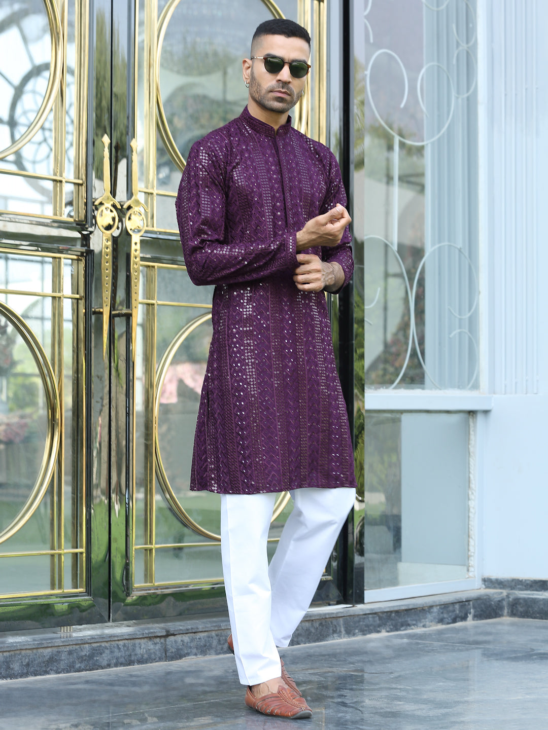 Silk Rayon Ethnic Motifs Embroidered Mandarin Collar Sequinned Kurta with Elastic Waistband White Pyjama