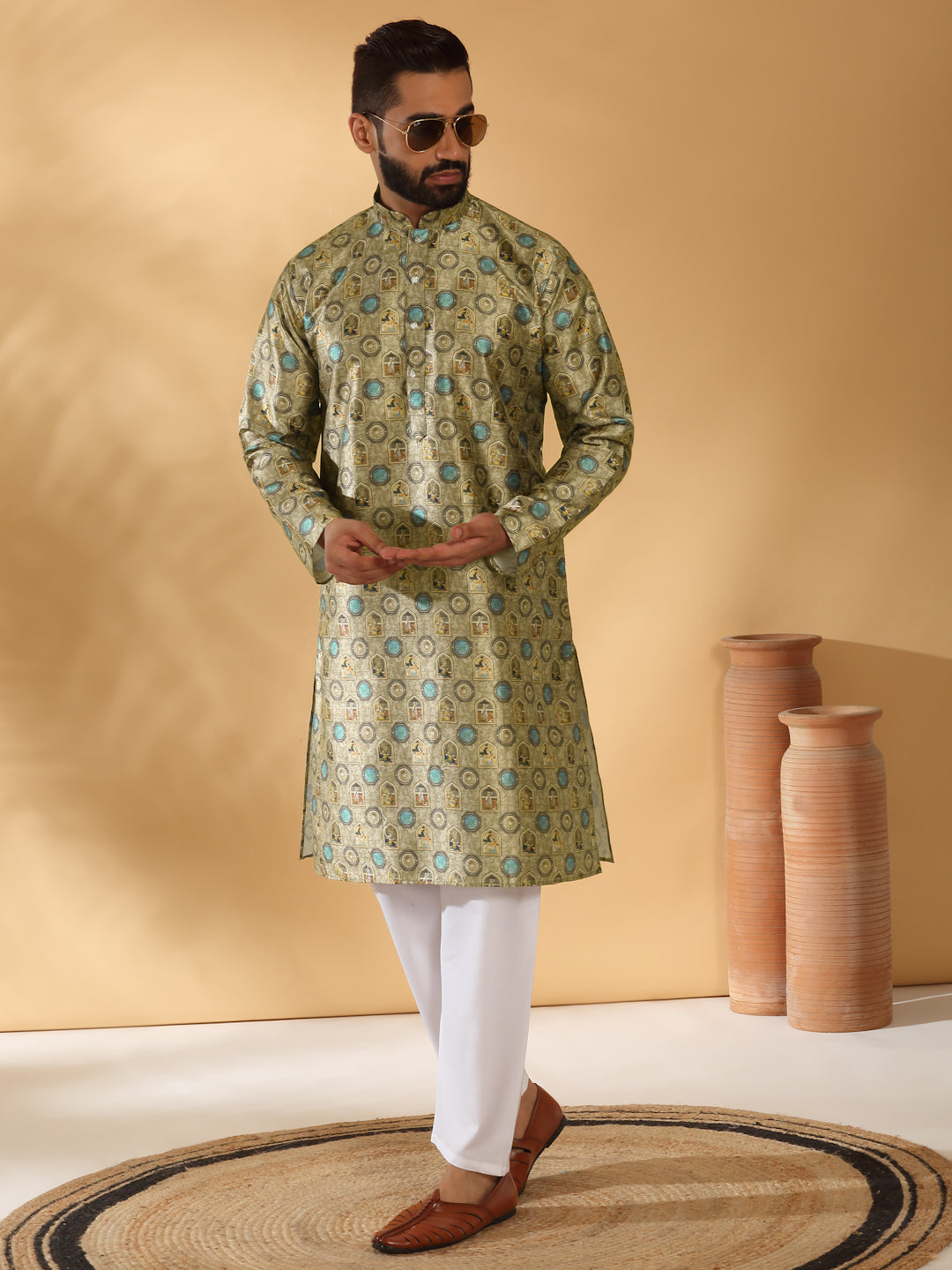 Silk Blend Abstract Printed Kurta with white Elastic waistband Pyjama set