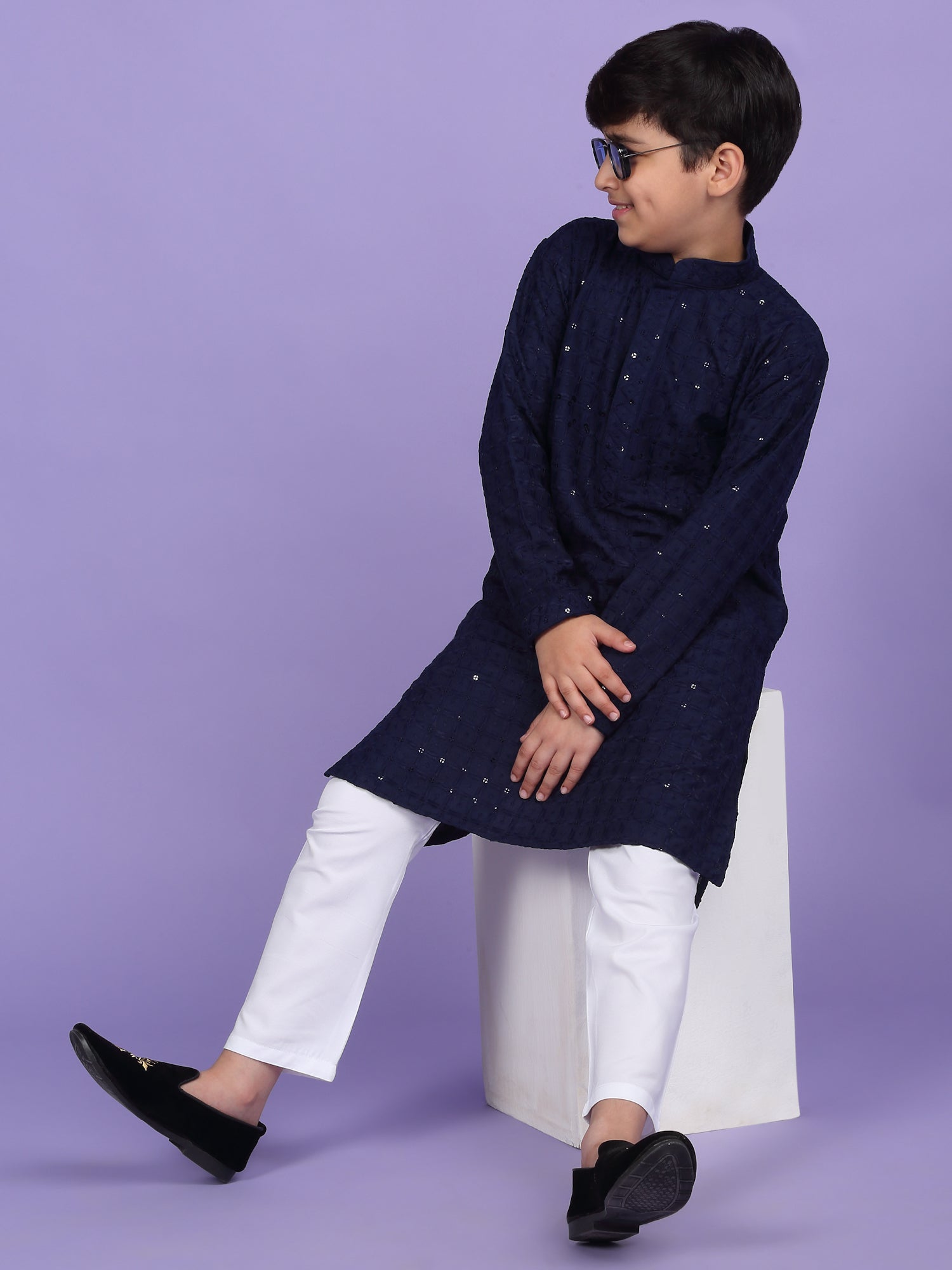 Cotton Blend Chikan Embroidered Sequinced Kurta