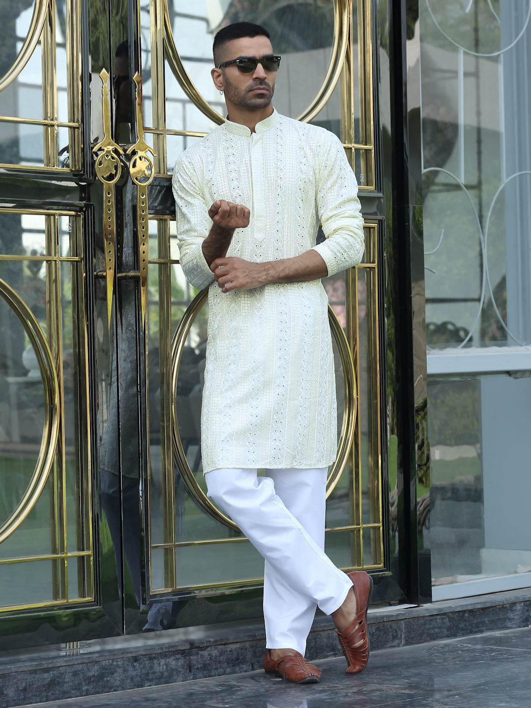 Silk Rayon Ethnic Motifs Embroidered Mandarin Collar Sequinned Kurta with Elastic Waistband White Pyjama