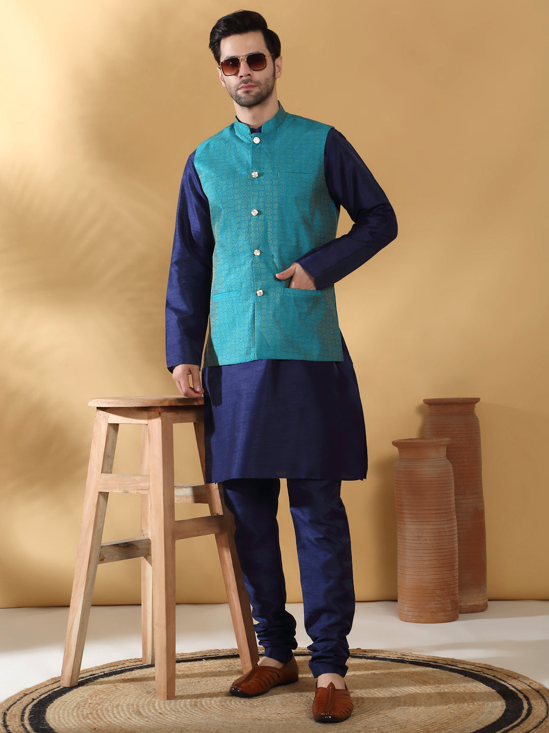 Navy Blue Silk Blend Kurta churidar with Jacquard Geometric Sleeveless Nehru Jacket set