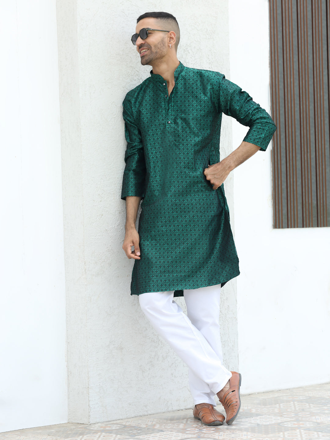 Silk Jacquard Self Design Kurta with elastic Waistband Pyjama set