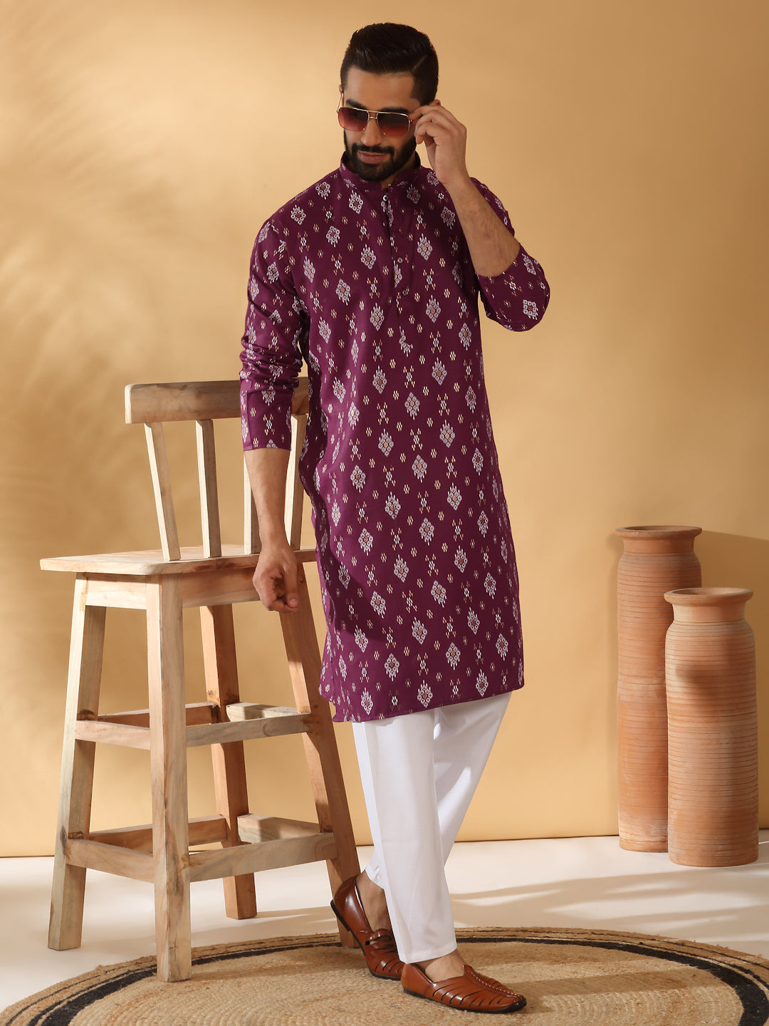 Cotton Blend Geometric Printed Straight Long Regular Kurta and Elastic Waistband Pyjama Set