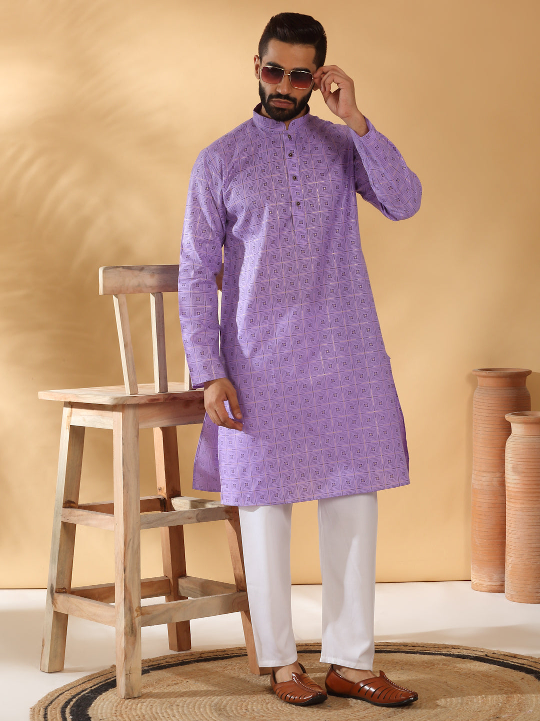 Floral Printed Geometric Cotton Blend Straight Kurta With White Elastic Waistband Pyjama Set