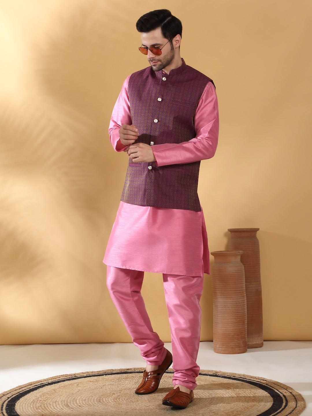 Pink Silk Blend Kurta churidar with Jacquard Geometric Sleeveless Nehru Jacket set