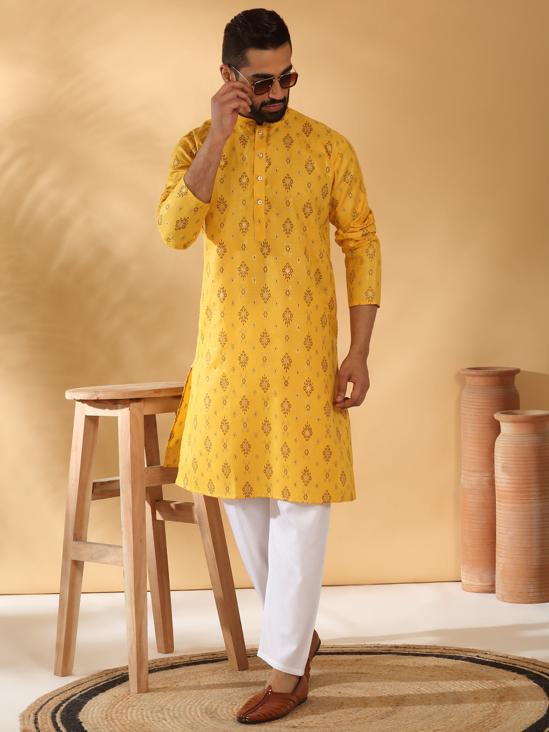 Cotton Blend Geometric Printed Straight Long Regular Kurta and Elastic Waistband Pyjama Set