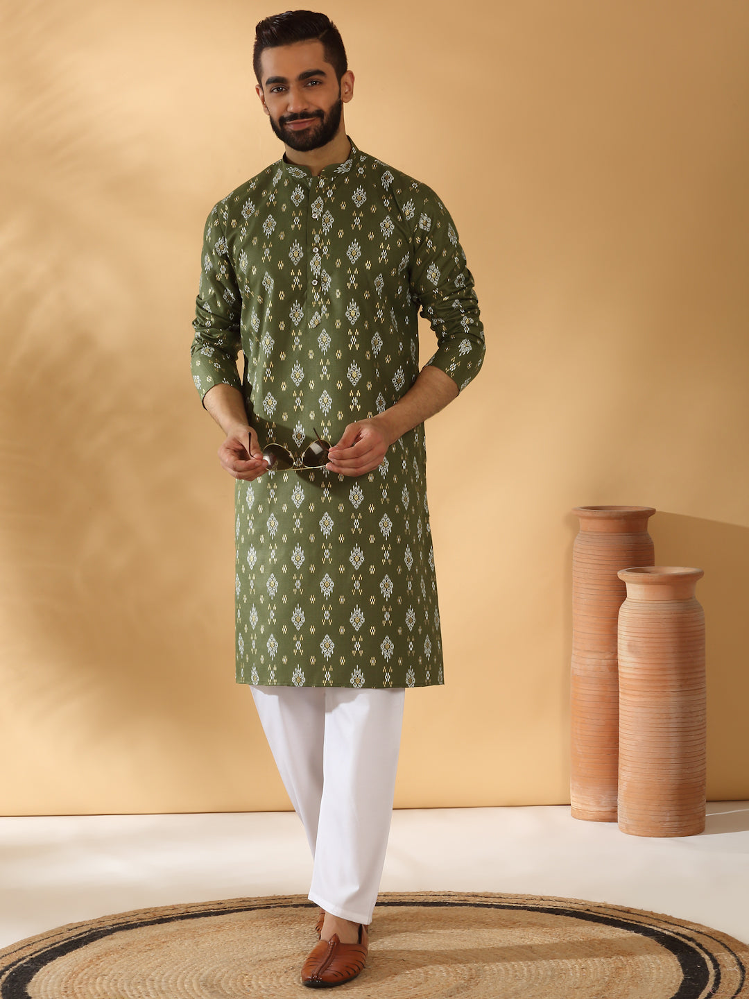 Cotton Blend Geometric Printed Straight Long Regular Kurta and Elastic Waistband Pyjama Set