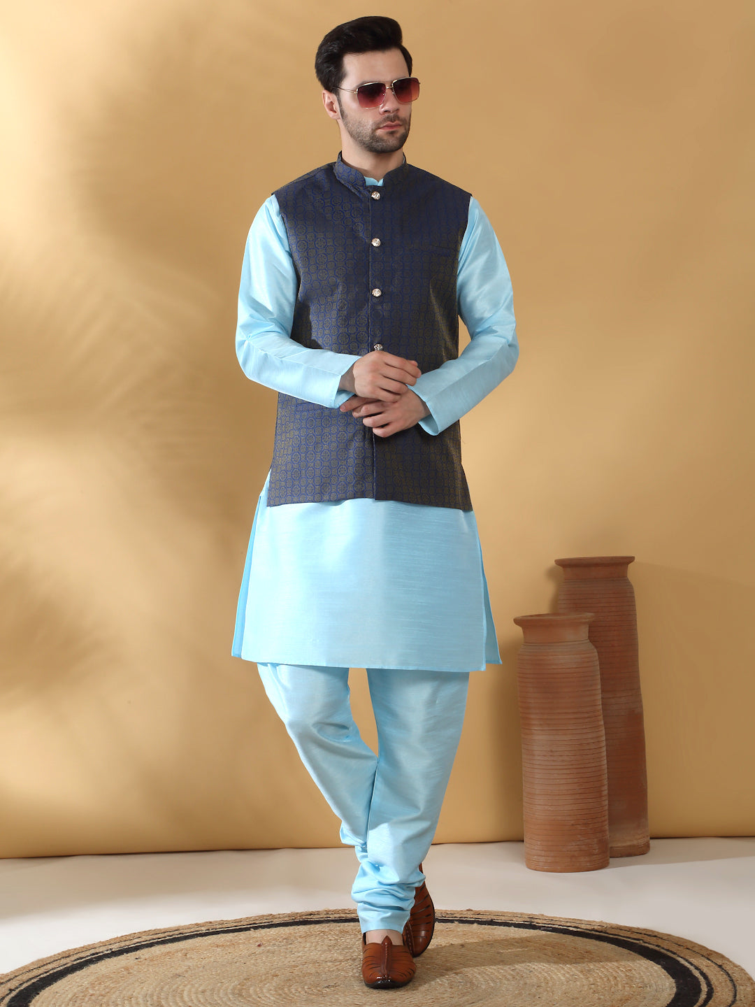 Sky Blue Silk Blend Kurta churidar with Jacquard Geometric Sleeveless Nehru Jacket set