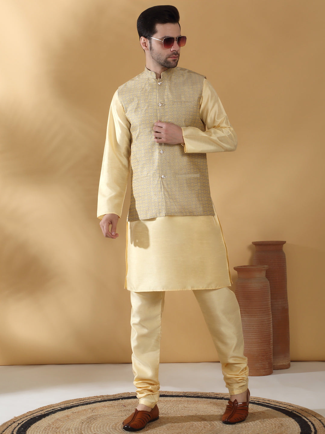 Beige Silk Blend Kurta churidar with Jacquard Geometric Sleeveless Nehru Jacket set