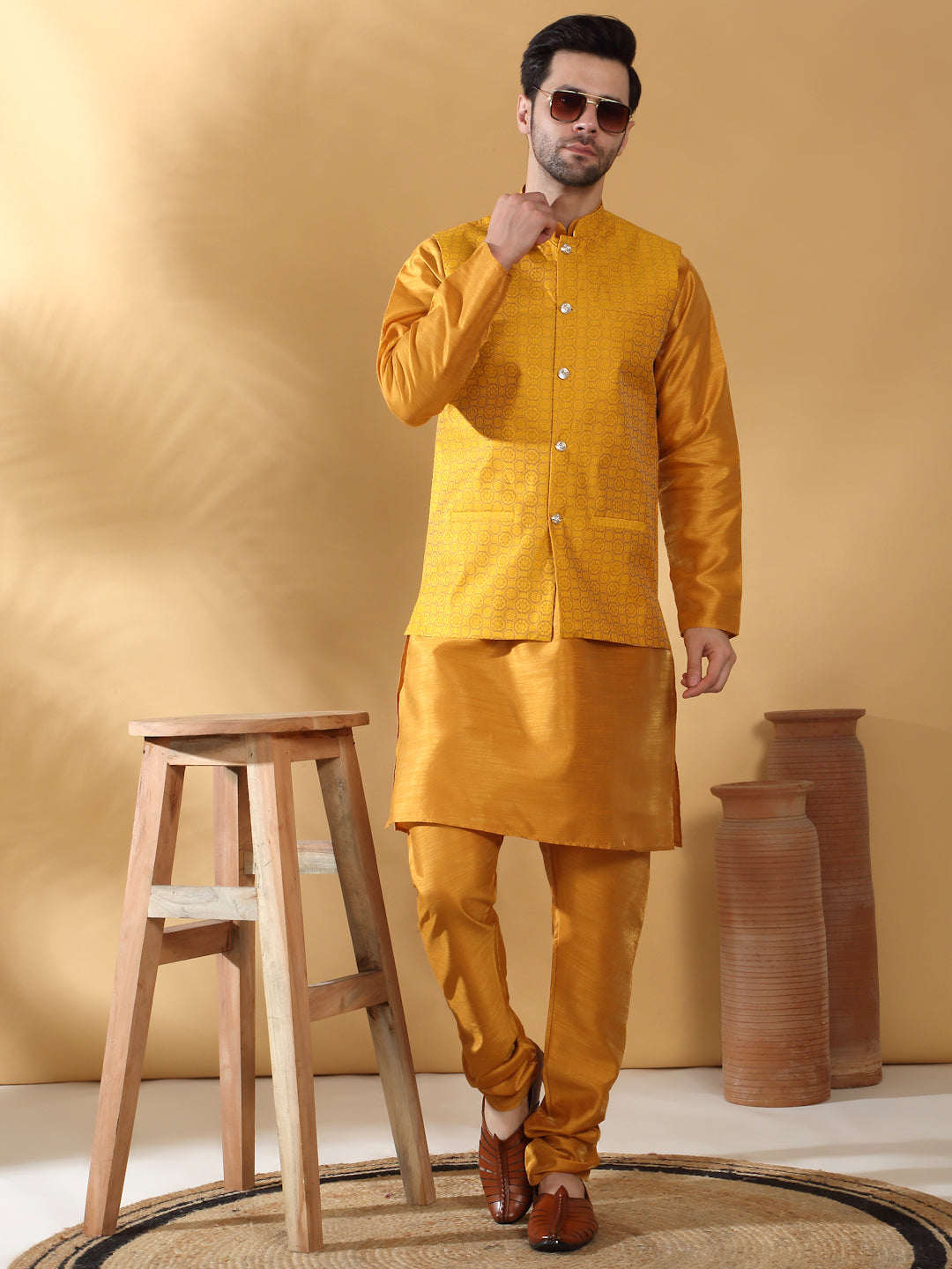 Mustard Silk Blend Kurta churidar with Jacquard Geometric Sleeveless Nehru Jacket set
