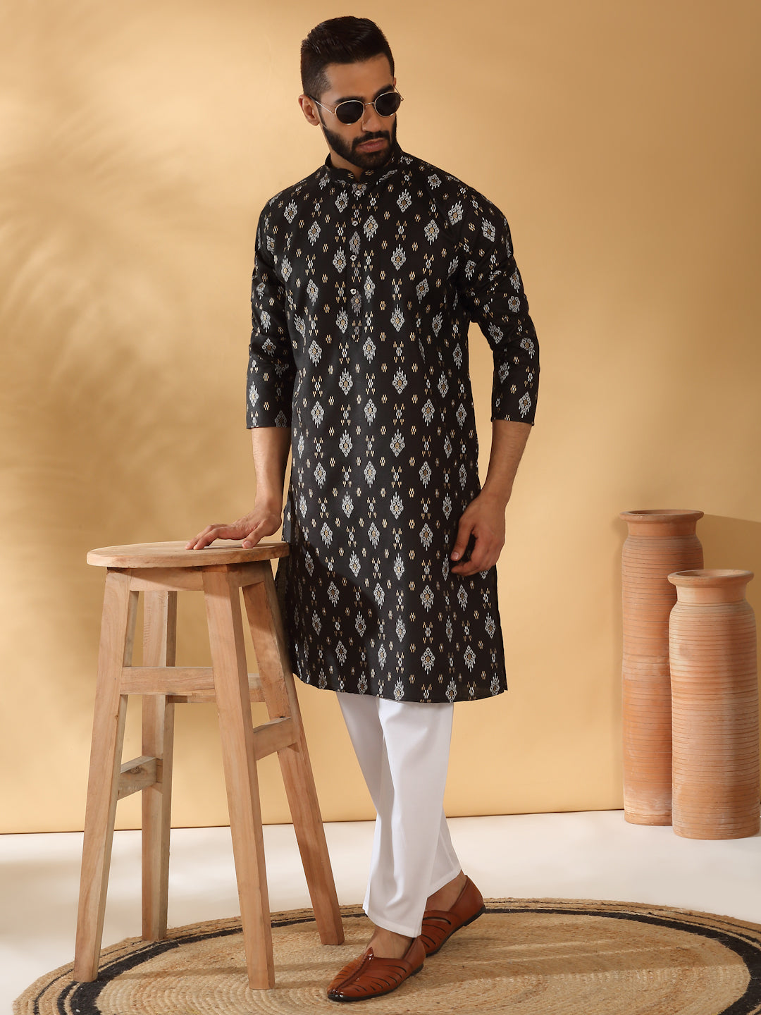 Cotton Blend Geometric Printed Straight Long Regular Kurta and Elastic Waistband Pyjama Set