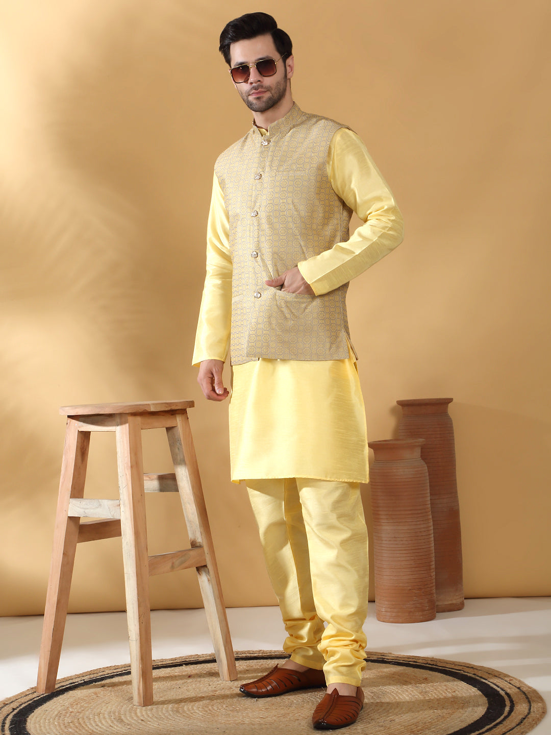 Lime Yellow Silk Blend Kurta churidar with Jacquard Geometric Sleeveless Nehru Jacket set