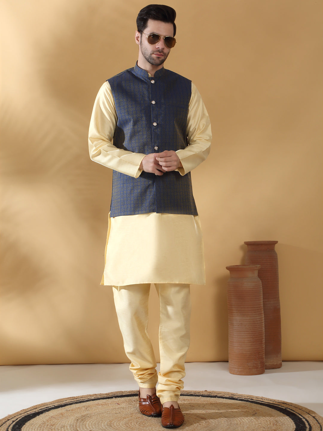 Beige Silk Blend Kurta churidar with Jacquard Geometric Sleeveless Nehru Jacket set