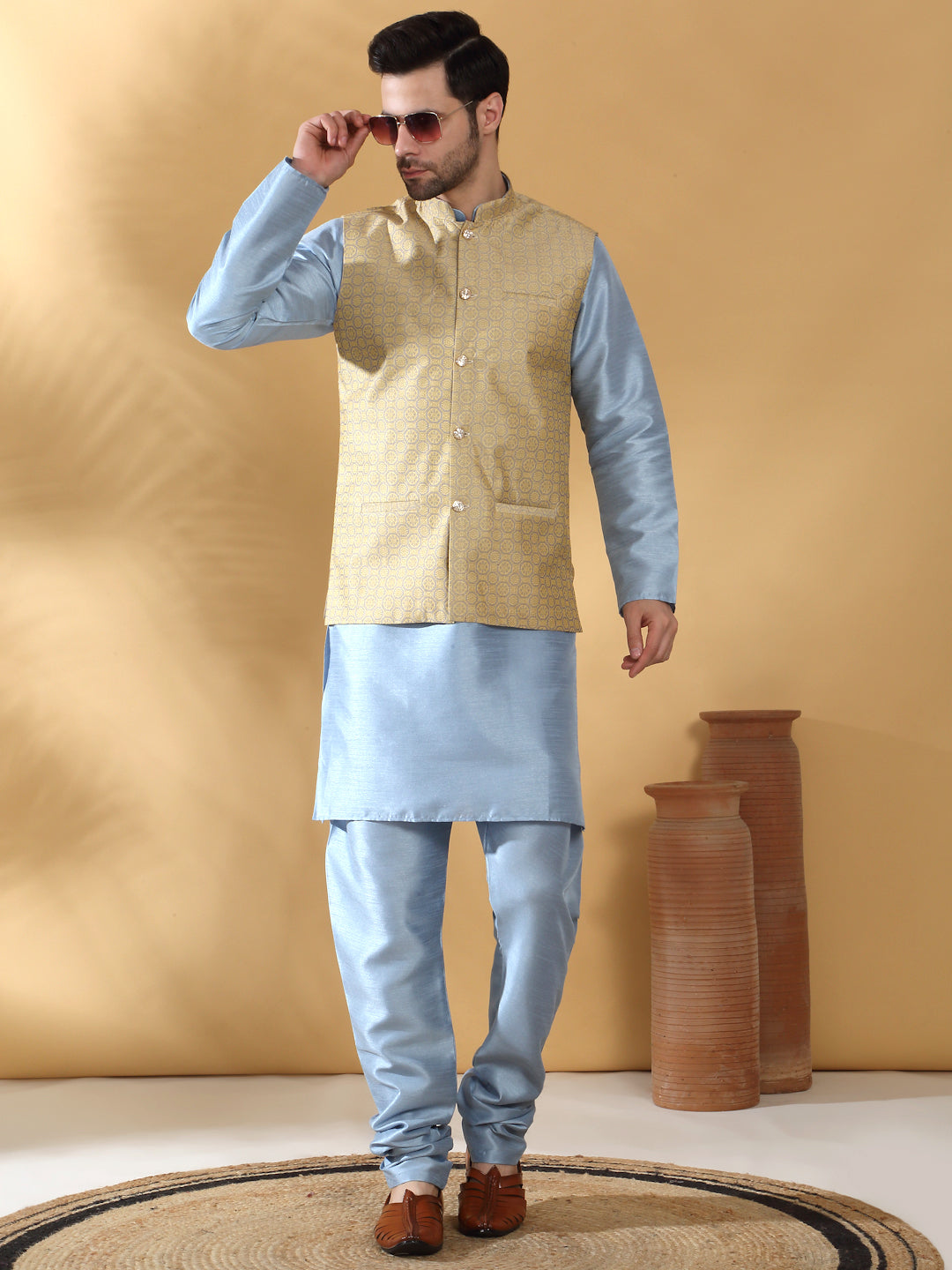 Sky Blue Silk Blend Kurta churidar with Jacquard Geometric Sleeveless Nehru Jacket set